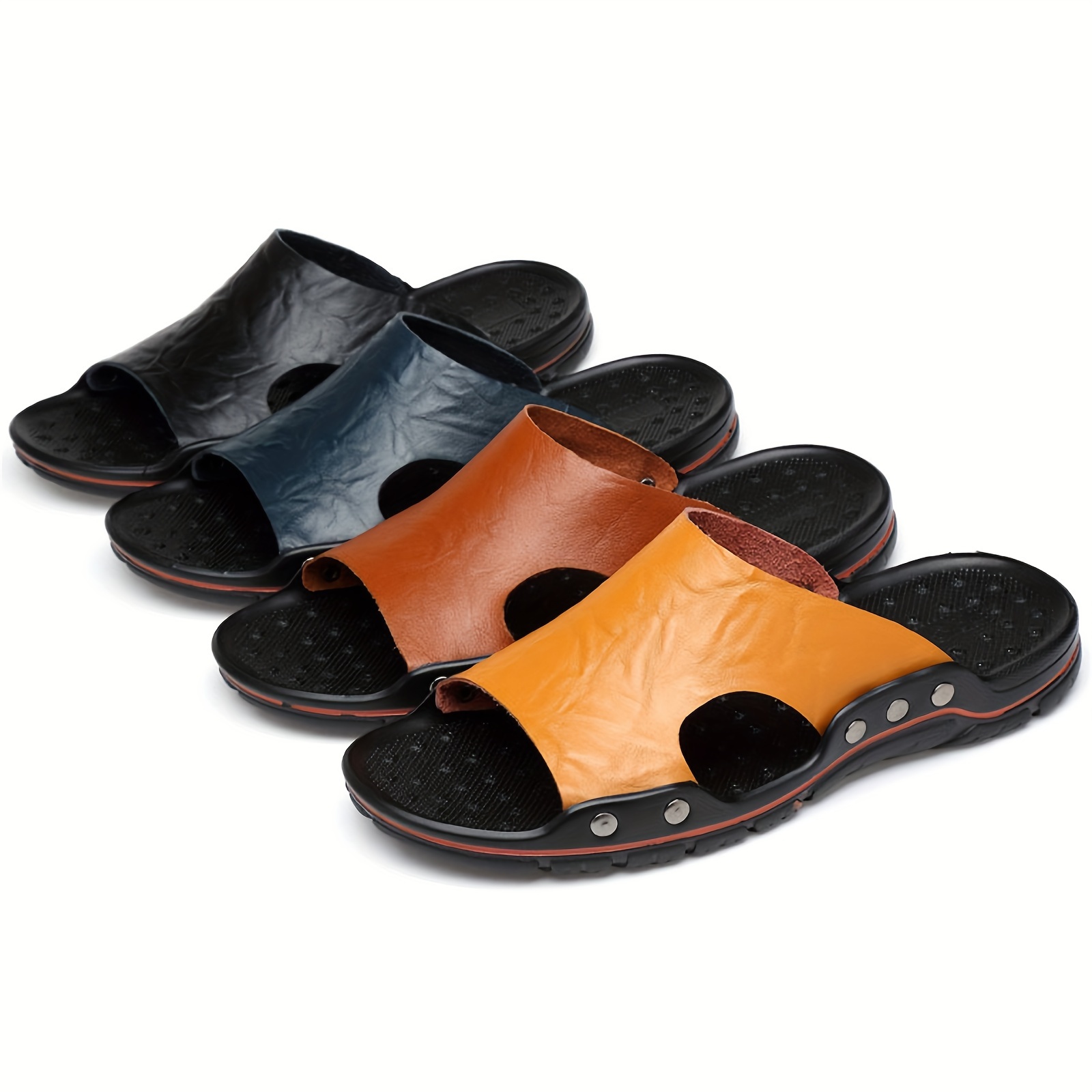 mens classic genuine faux leather slide sandals orange black  display picture 1