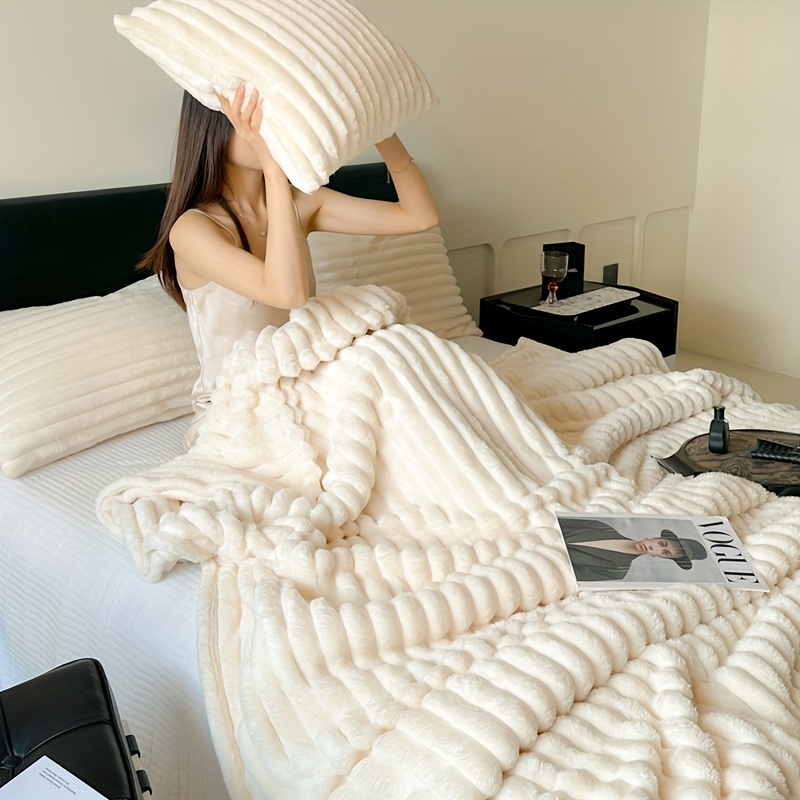 1pc contemporary reversible striped polyester knit fabric blanket   machine washable warm anti freeze multipurpose 250 300gsm details 9