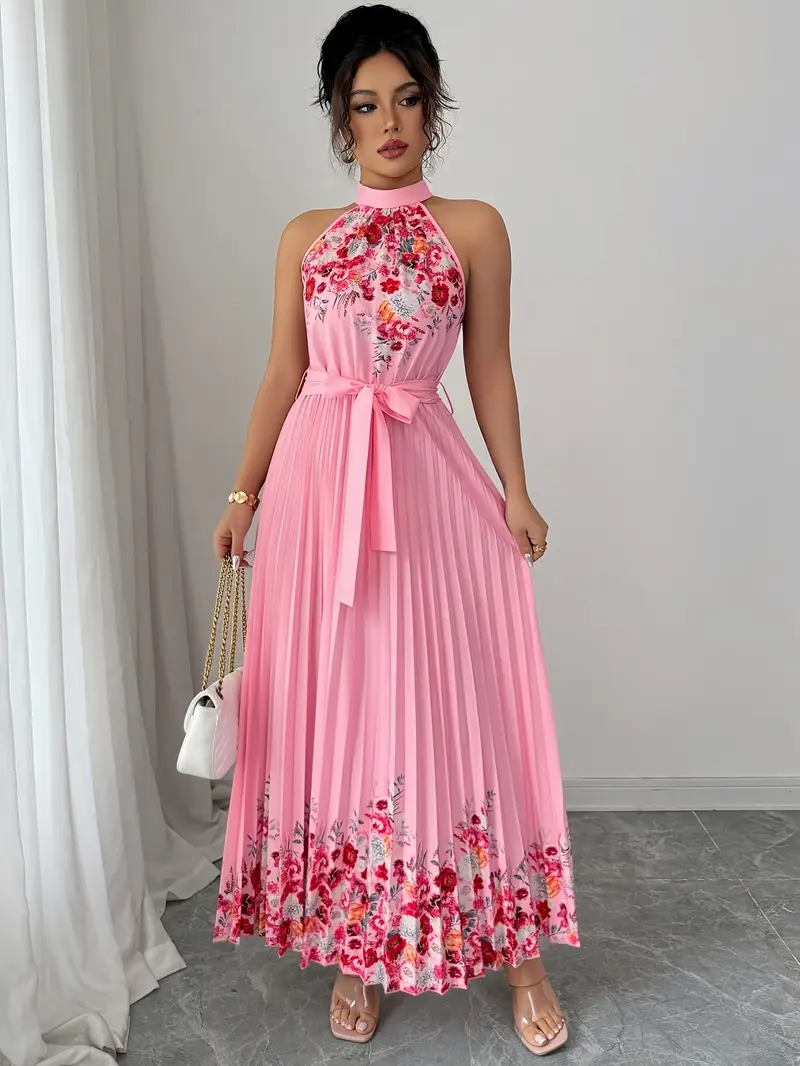 womens elegant floral print sleeveless a line dress vibrant pink round neck machine washable spring summer casual formal wear floral print dress no stretch fabric Product details 3