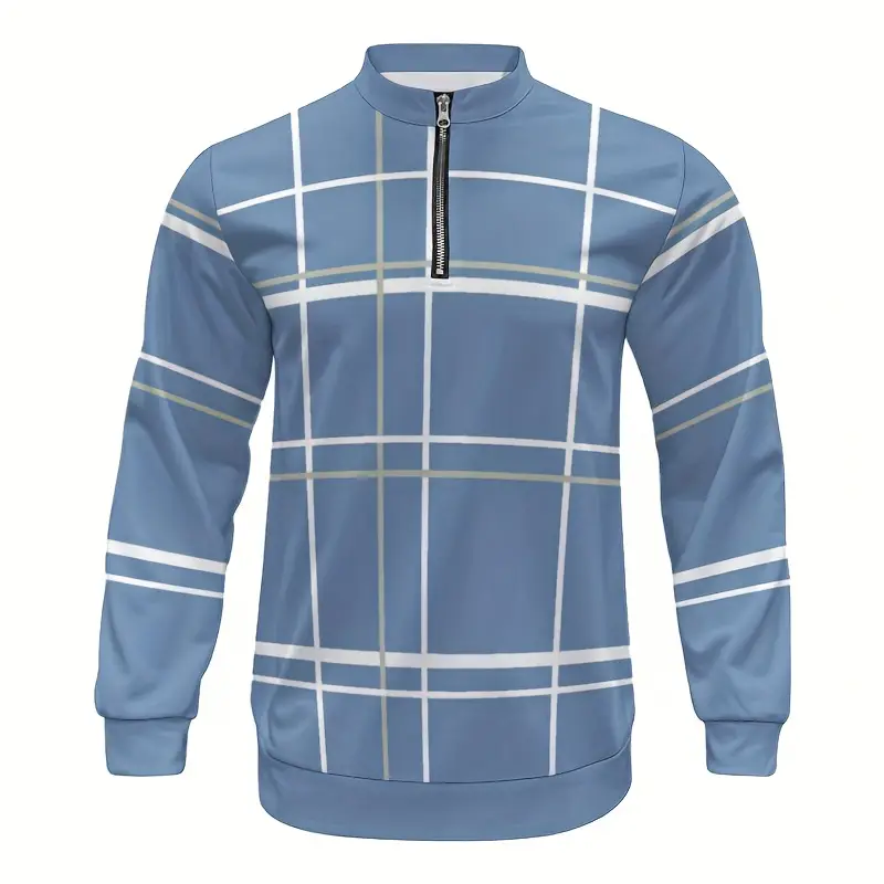 2025 autumn light blue striped pattern mens casual sportswear set fashionable simple half zip crew neck pullover long sleeve t shirt pants for daily wear exercise mens clothes men clothes men outfit sets airport outfit for men mens xmas outfits clothes for men Product details 1