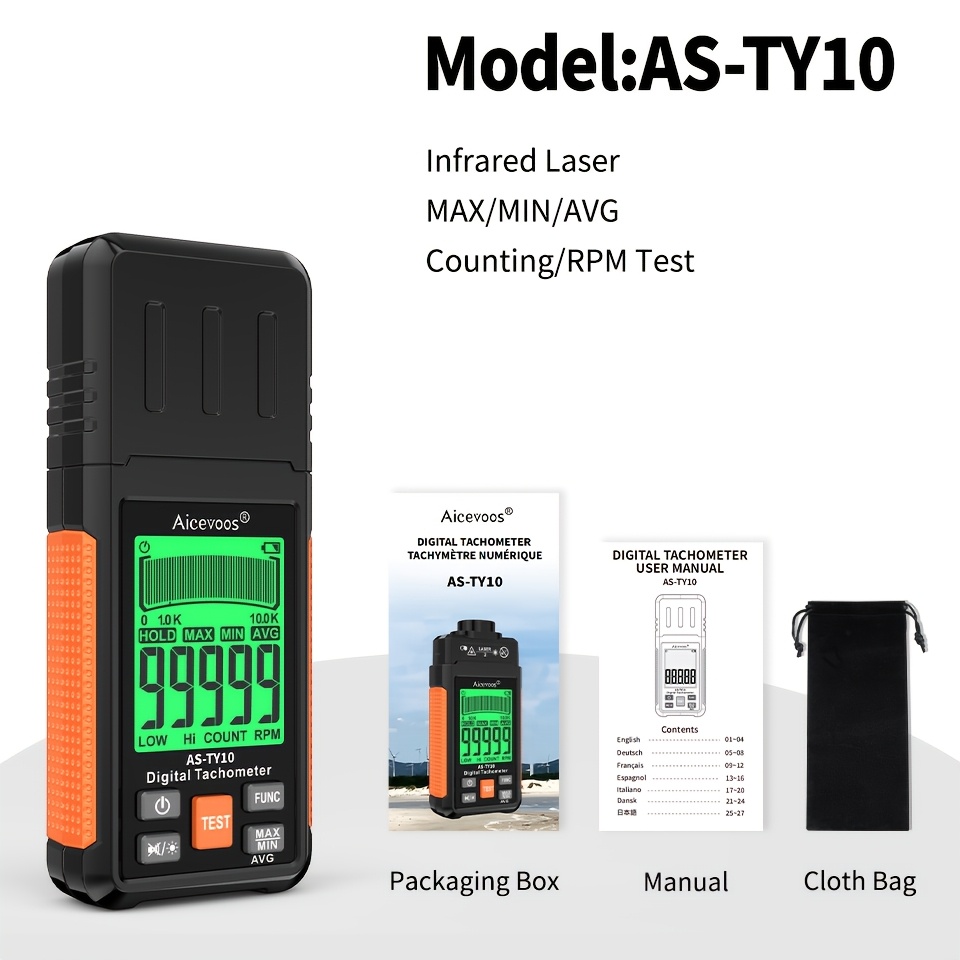 Image of Aicevoos Professional Handheld Digital Non-contact Laser Tachometer, Digital Display, 10-99999 Rpm Range, 0.01% Accuracy , With