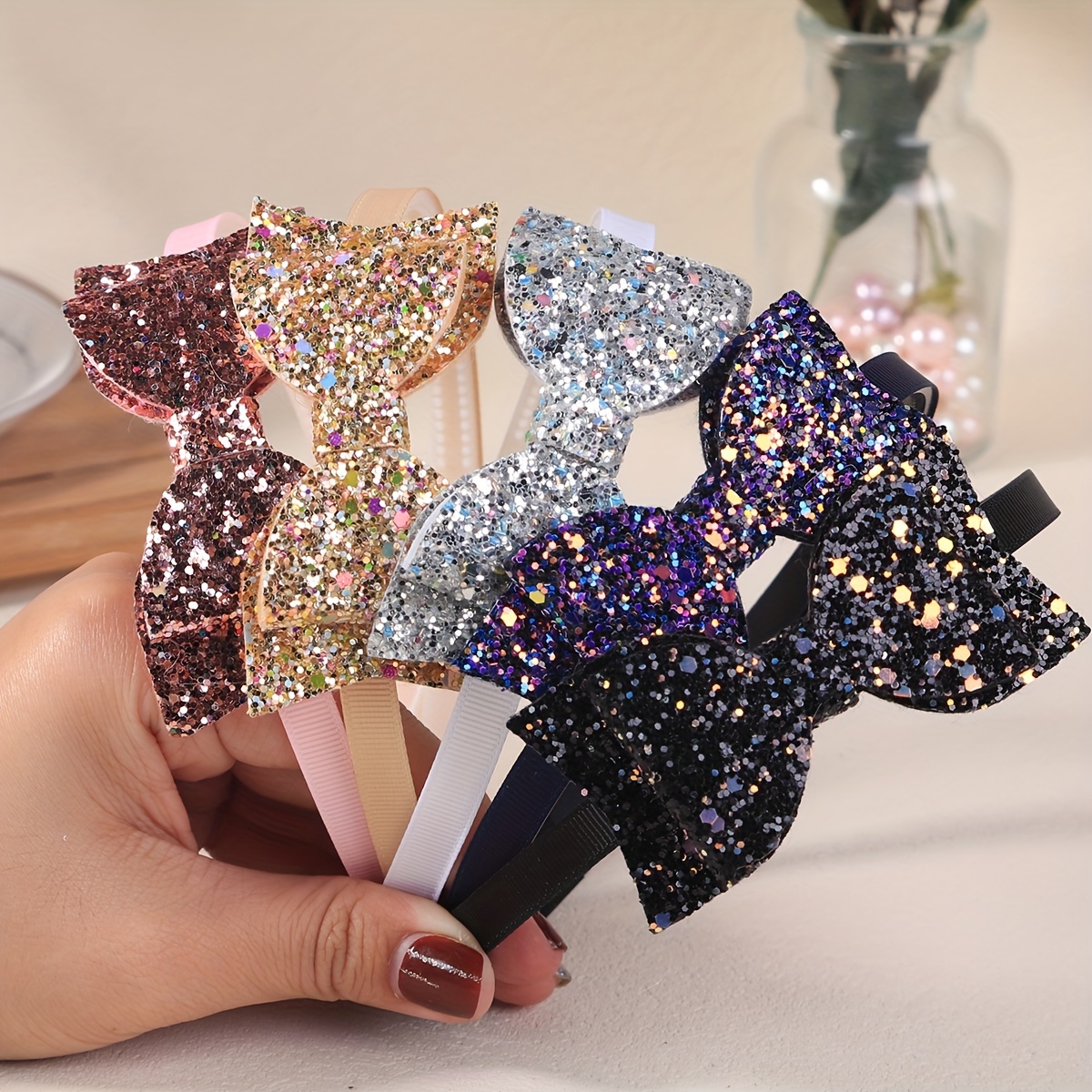 Image of 5pcs/set Fashion Onion Powder Bowknot Headband Sequin Bow Headband Head Party Hair Additions