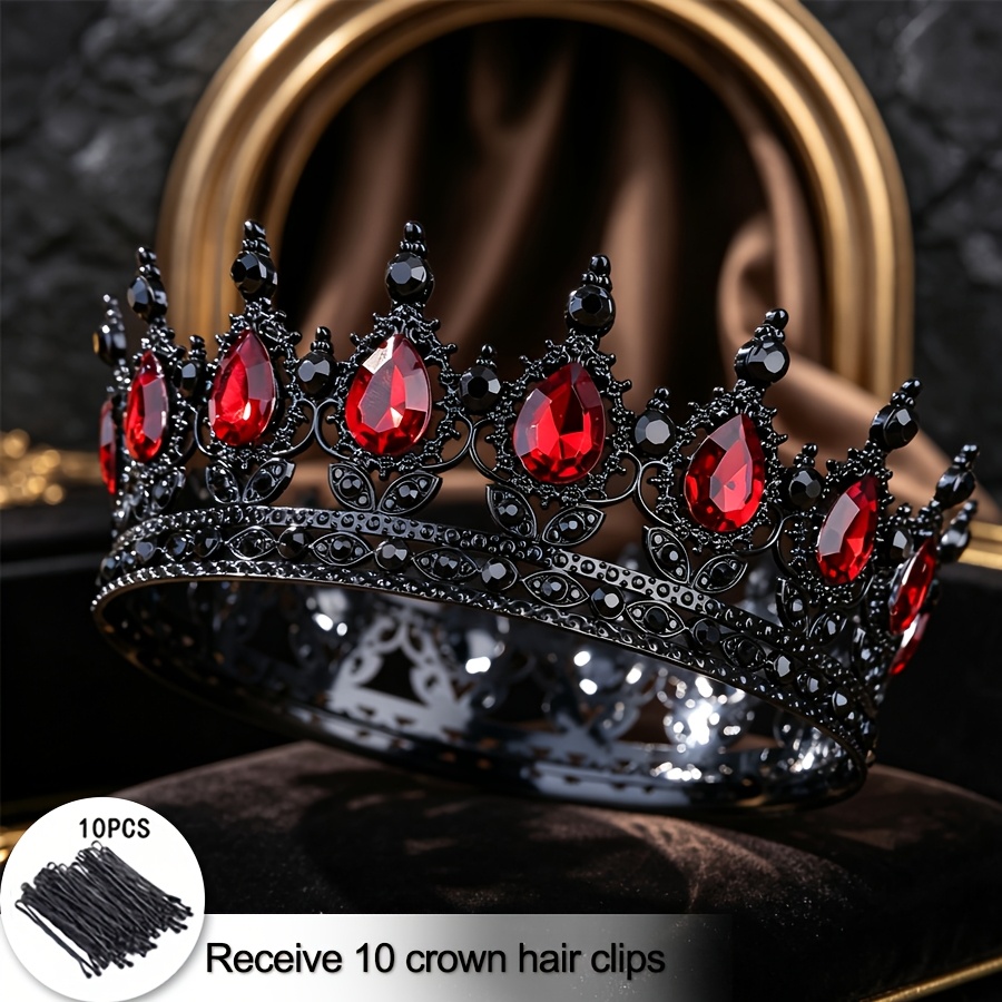 TEMU 1pc Crown And 10pcs Hair Clips, Black Baroque Crown, Gothic Full Headpiece, Vintage Black Rhinestone Queen Crown, For Halloween, Wedding,