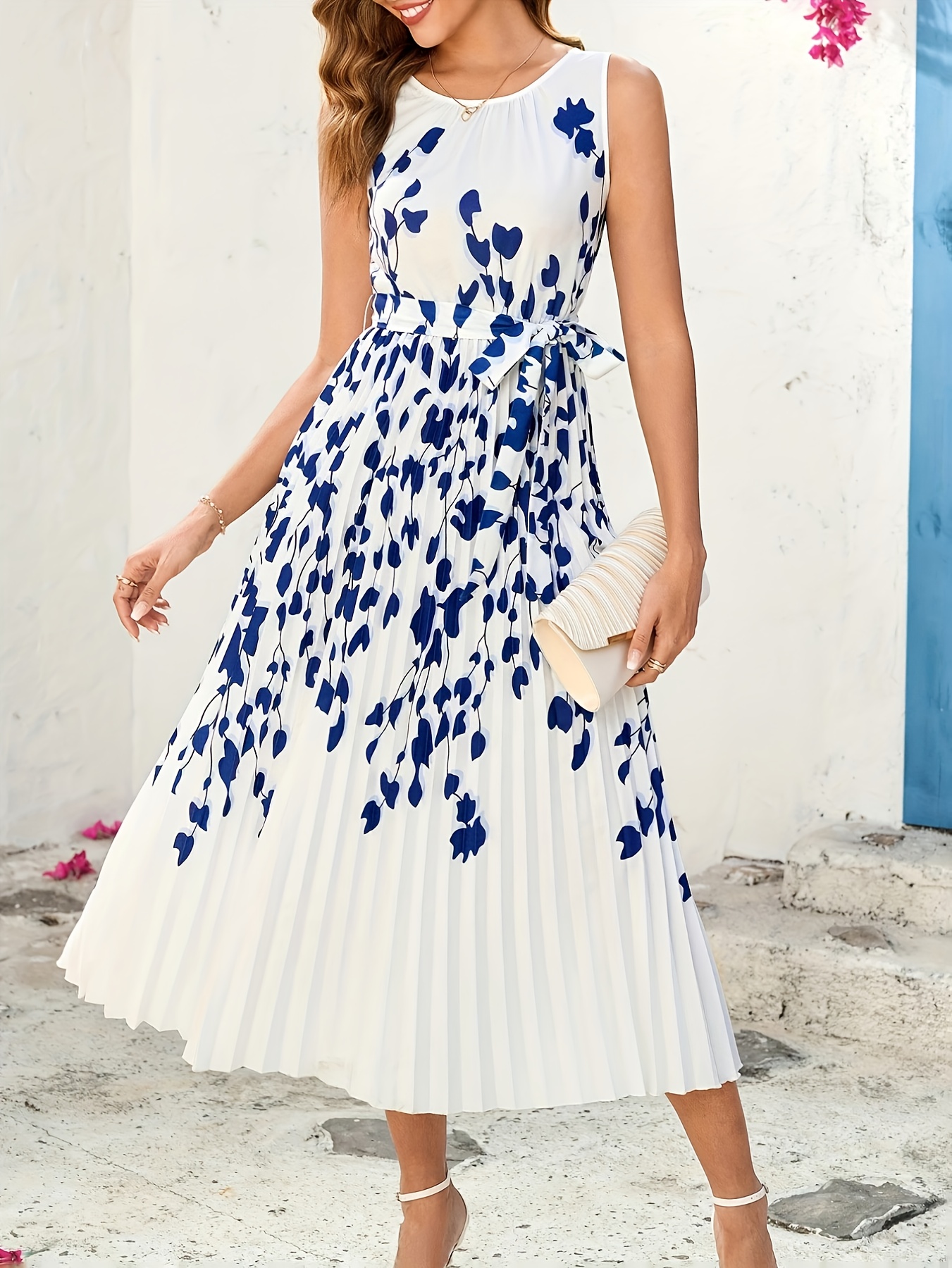 womens elegant round neck pleated front floral print blue - Temu Bahrain