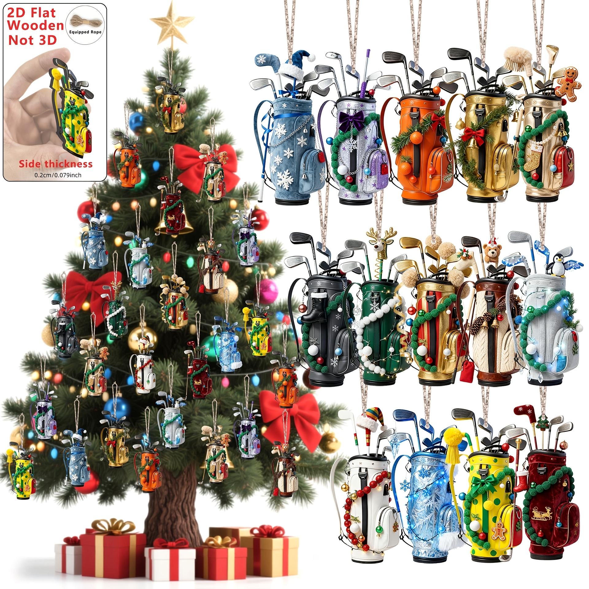 TEMU Pendentif de Acrylique 2D Plat, 14 pièces - Ornement de Sapin de Noël 2D Plat, Inclut 14 Clubs de (bois, fer, wedge, putter) - Décoration Murale