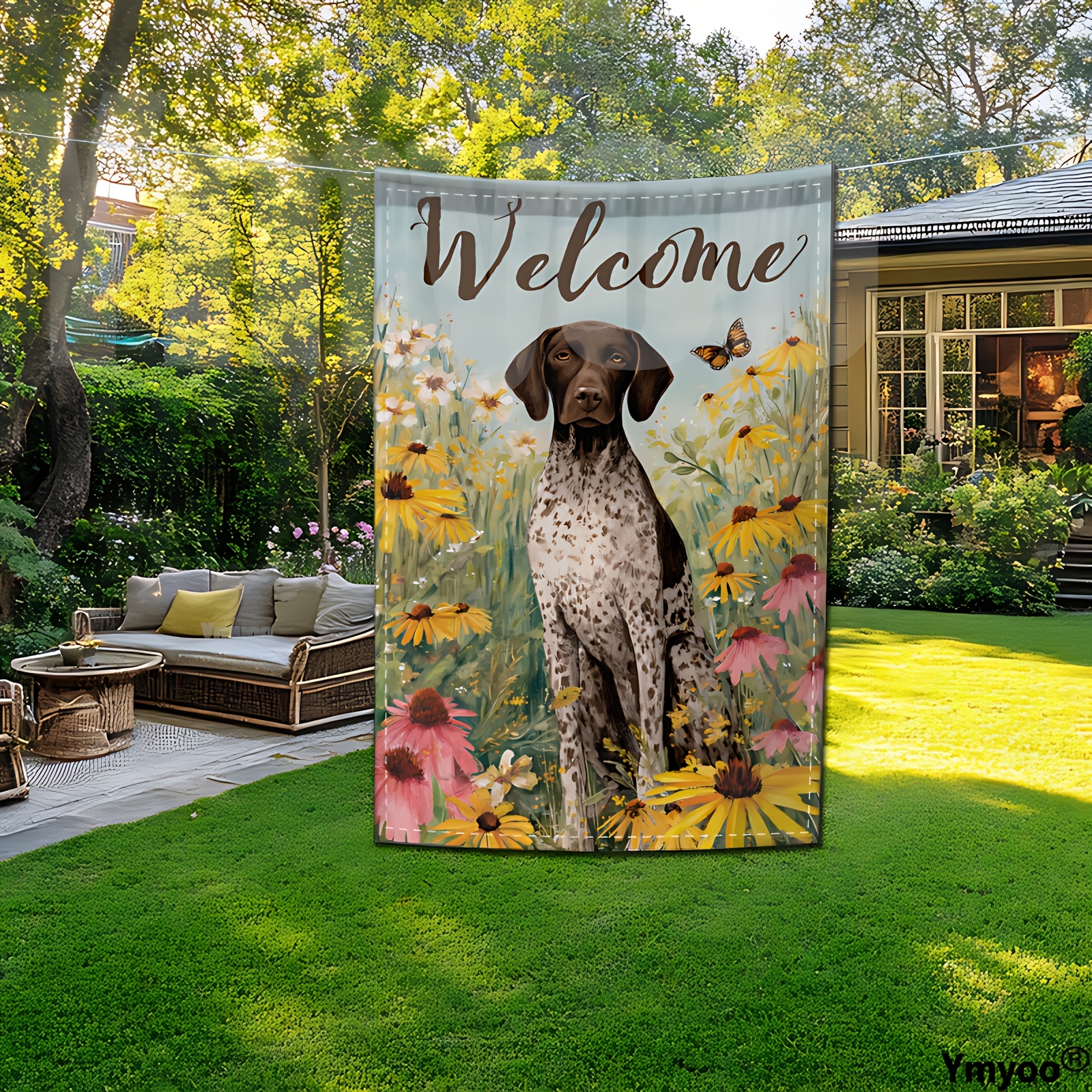 TEMU 1pc Double-sided Garden Decorative Flag, Featuring Friendly German Shorthaired Pointer In Floral Pattern With "welcome" Text, A Atmosphere.