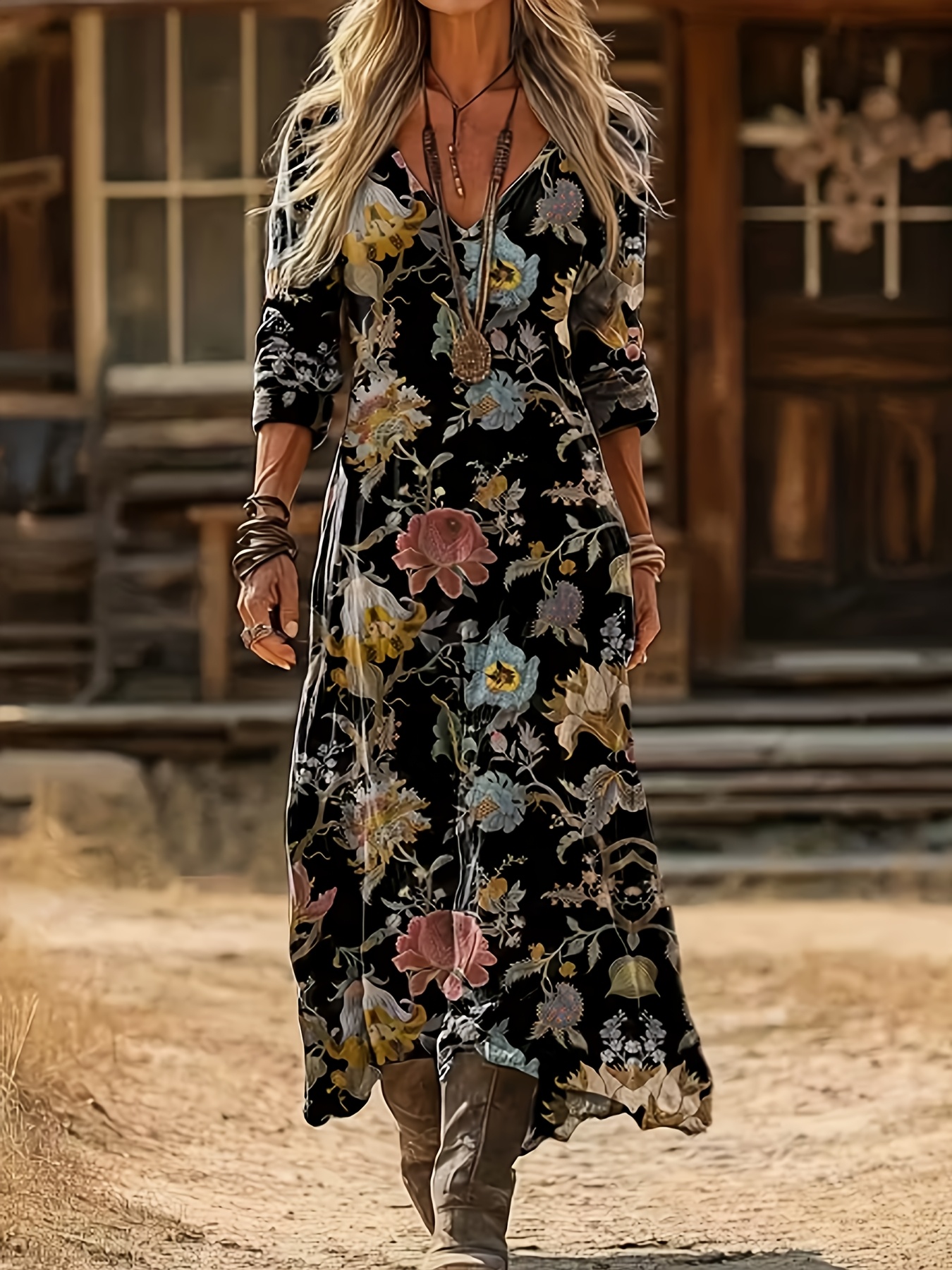ethnic maxi dress for women Women Boho High Neck Long Sleeve Maxi Dresses Ethnic Floral A-line Long  Dress