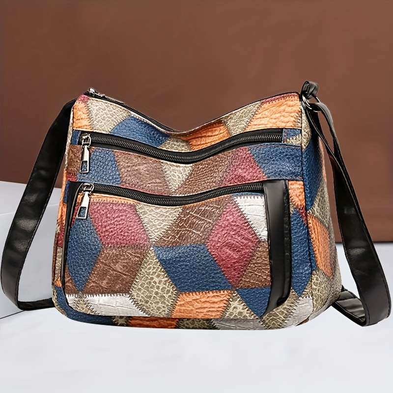 

Men's Casual Geometric Patchwork Crossbody Bag With Adjustable Strap, Nylon Material, Tassel Detail, Large Capacity, Non-washable, For