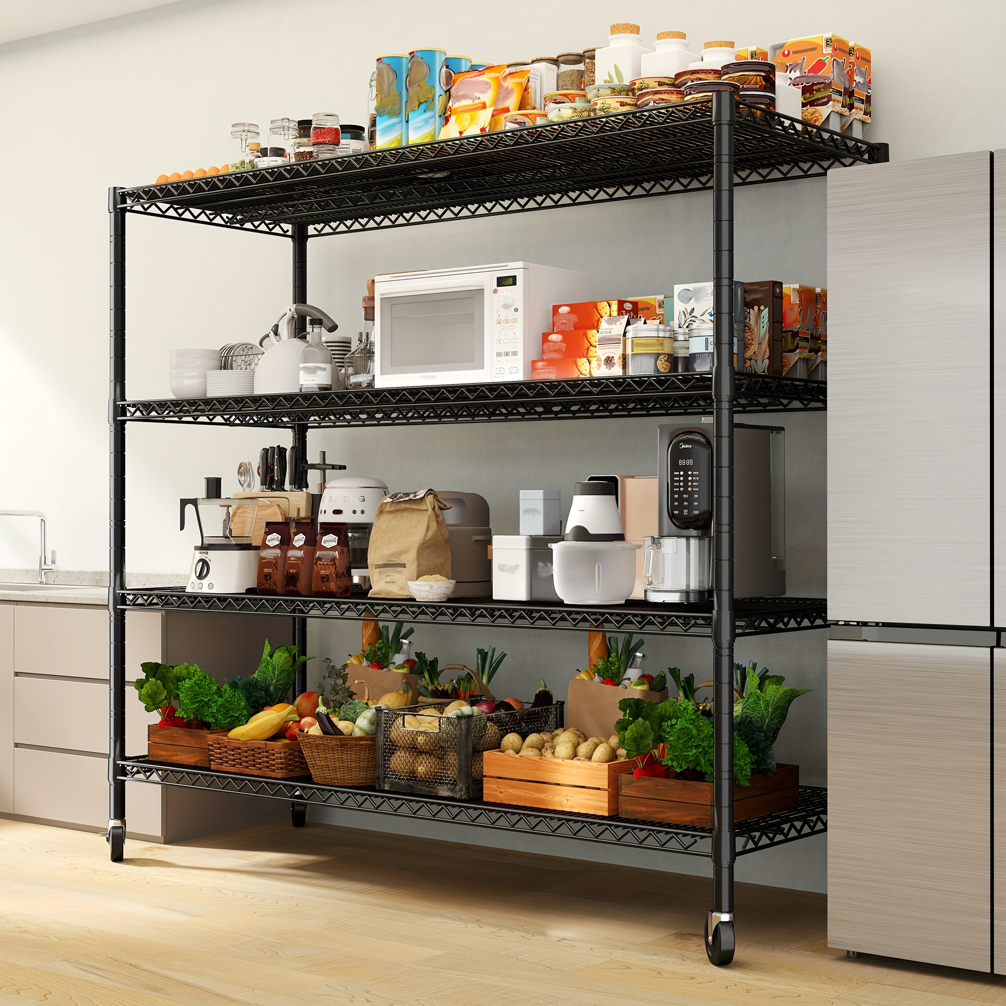 TEMU 75.6" H X 55.5''w X 24" D Storage Shelves 2500lbs Wire Shelving Unit With Wheels Heavy Duty Metal Shelves For Storage Adjustable Garage Storage