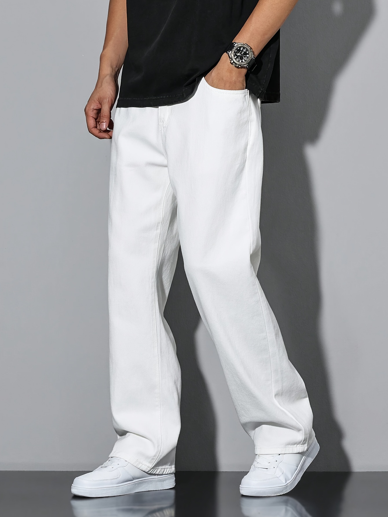 mens womens white denim non stretchy loose fit pants Temu Kuwait