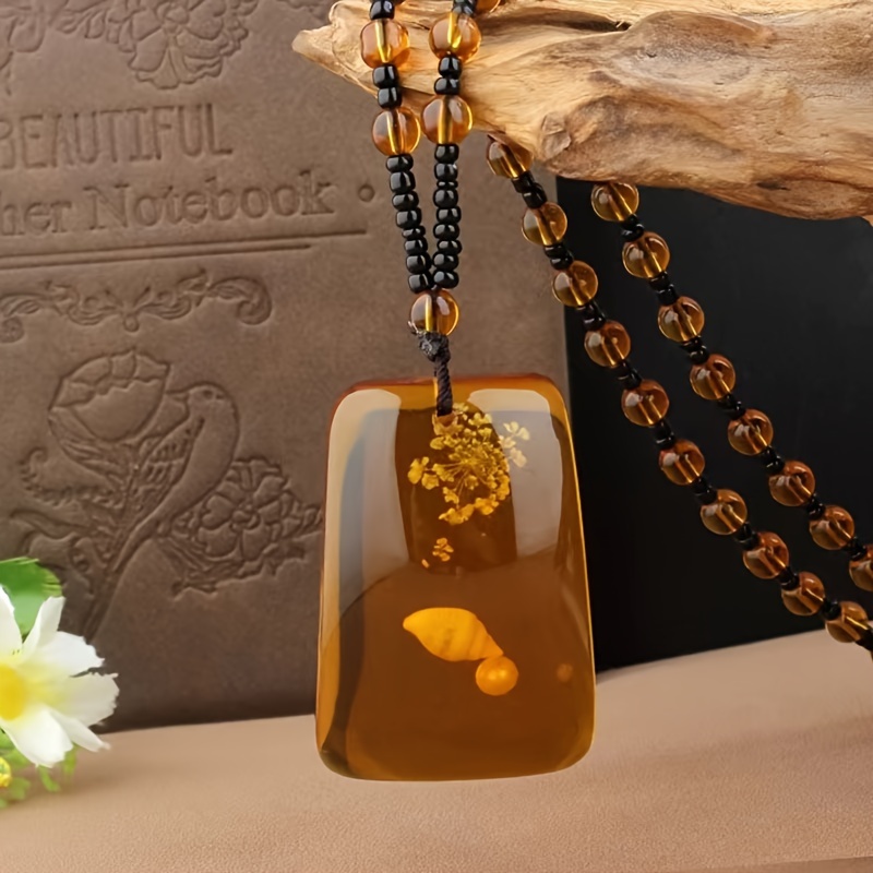 

Xcl Bohemian-inspired Amber Necklace With Geometric Resin Pendant - Vintage-inspired, Floating Saltwater Beeswax Square Beads In Brown Tones, Non-magnetic, Fashion- , Chunky Retro Bead Necklace