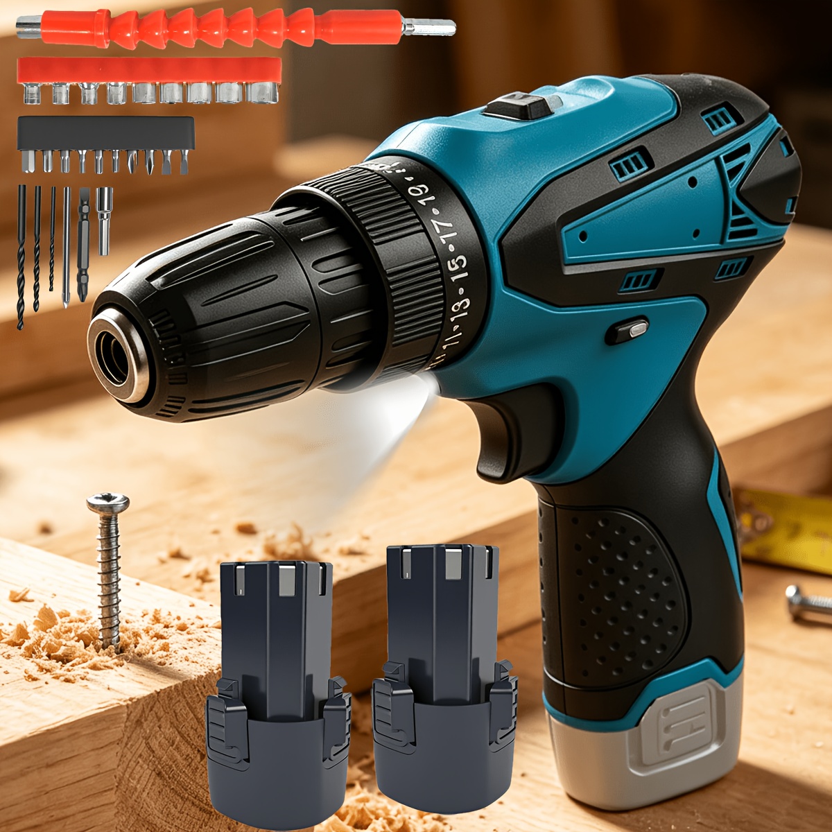 Image of 380w Cordless Screwdriver Drill Driver Set, 25+1 Torque , Keyless , With 2 3000mah, 45nm Complete Screwdriver & Drill Bits Set For Wood, Metal, Plastic Drilling & Repair Work