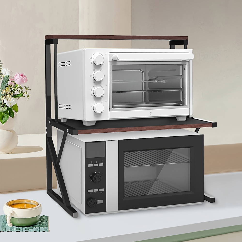 1pc Wooden Microwave Oven Rack, 2-tier Kitchen Counter Shelf, With Metal Frame & Wood Shelves, Organizer, Counter Top Organizer For Printers On Desk, Microwave Shelf Stand 65x54x30cm Black