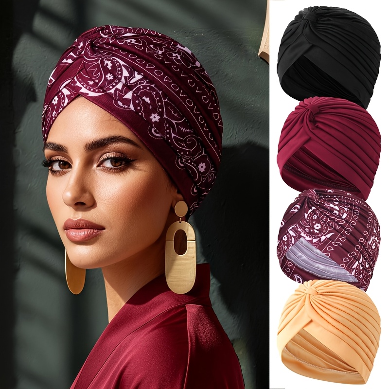 TEMU 4pcs Printed Solid Color Women's Brimless Hat Set, Multiple Colors , Suitable For Daily Use, Headscarf Hat