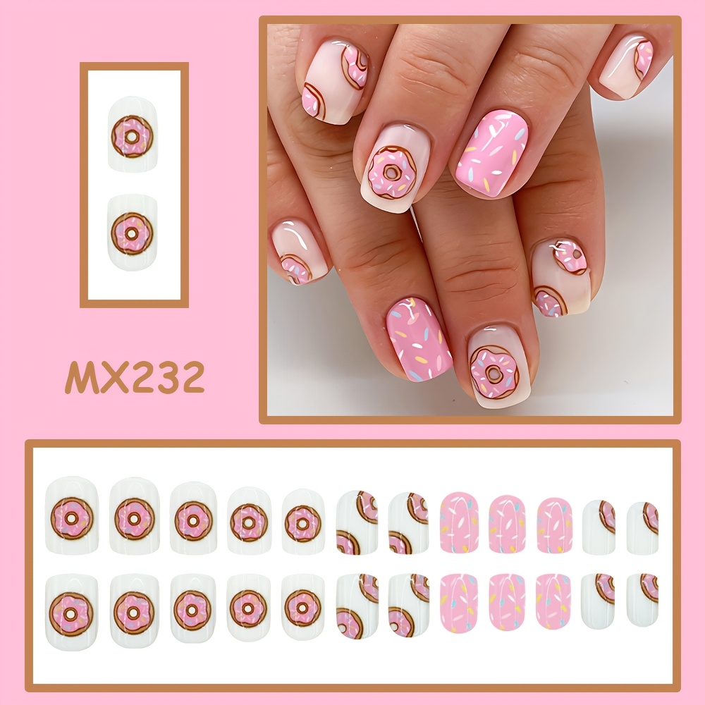 TEMU 24pcs Faux Ongles Carrés Courts à Coller, Ongles Faux Rose Macaron de Donut, Cadeau Idéal pour et