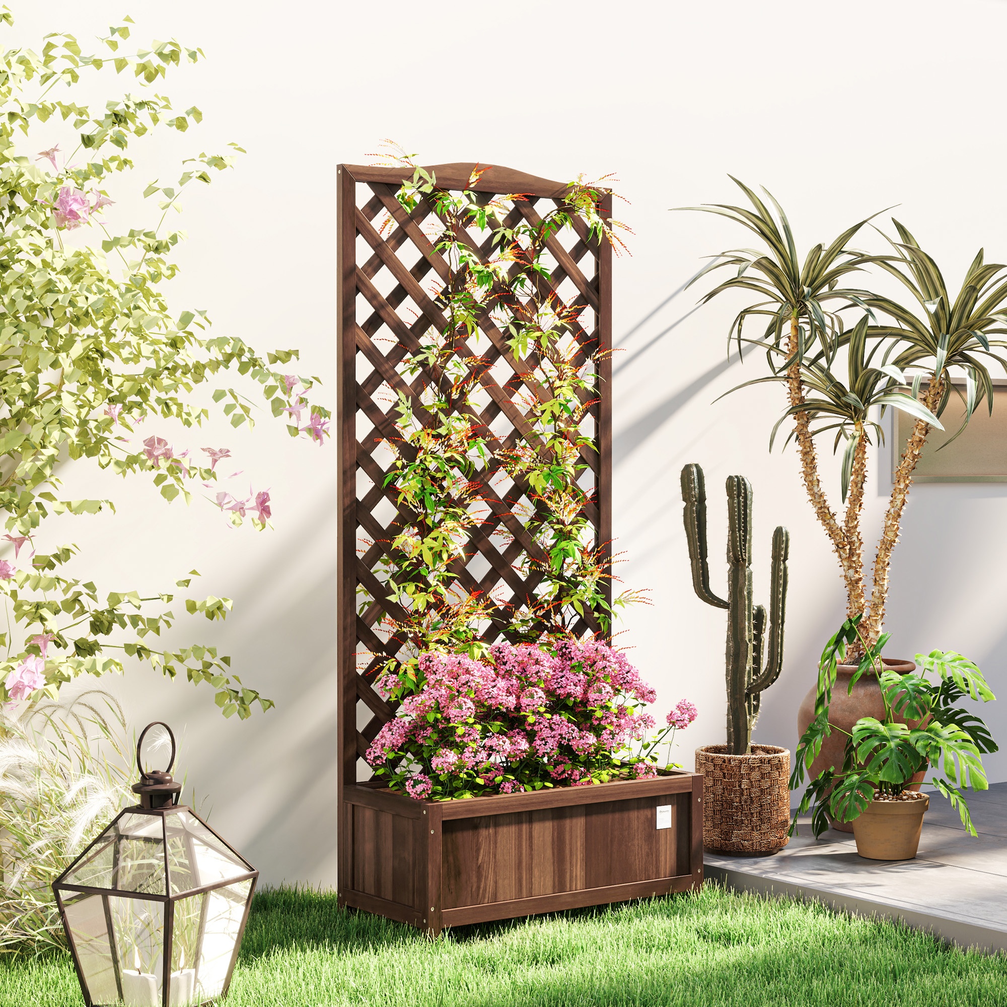 TEMU Outsunny Modern Dark Brown Wooden Planter Box With Trellis - Elevated Raised Garden Bed, Weather-resistant Outdoor/indoor Planters With Open