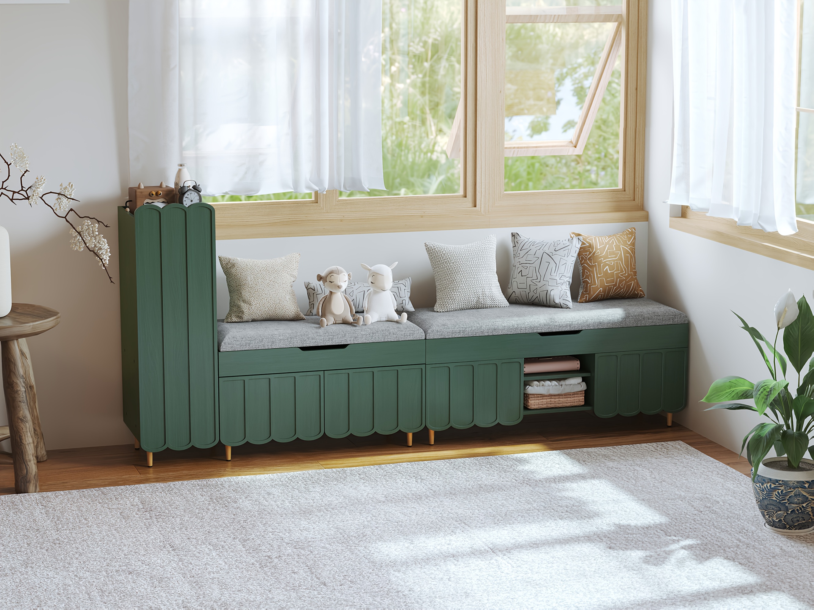 Shoe Organizer Cabinet, Entryway Bench With Adjustable Shelves And Cushioned Seat, Unique L-Shaped Bench Cabinet For Entryway