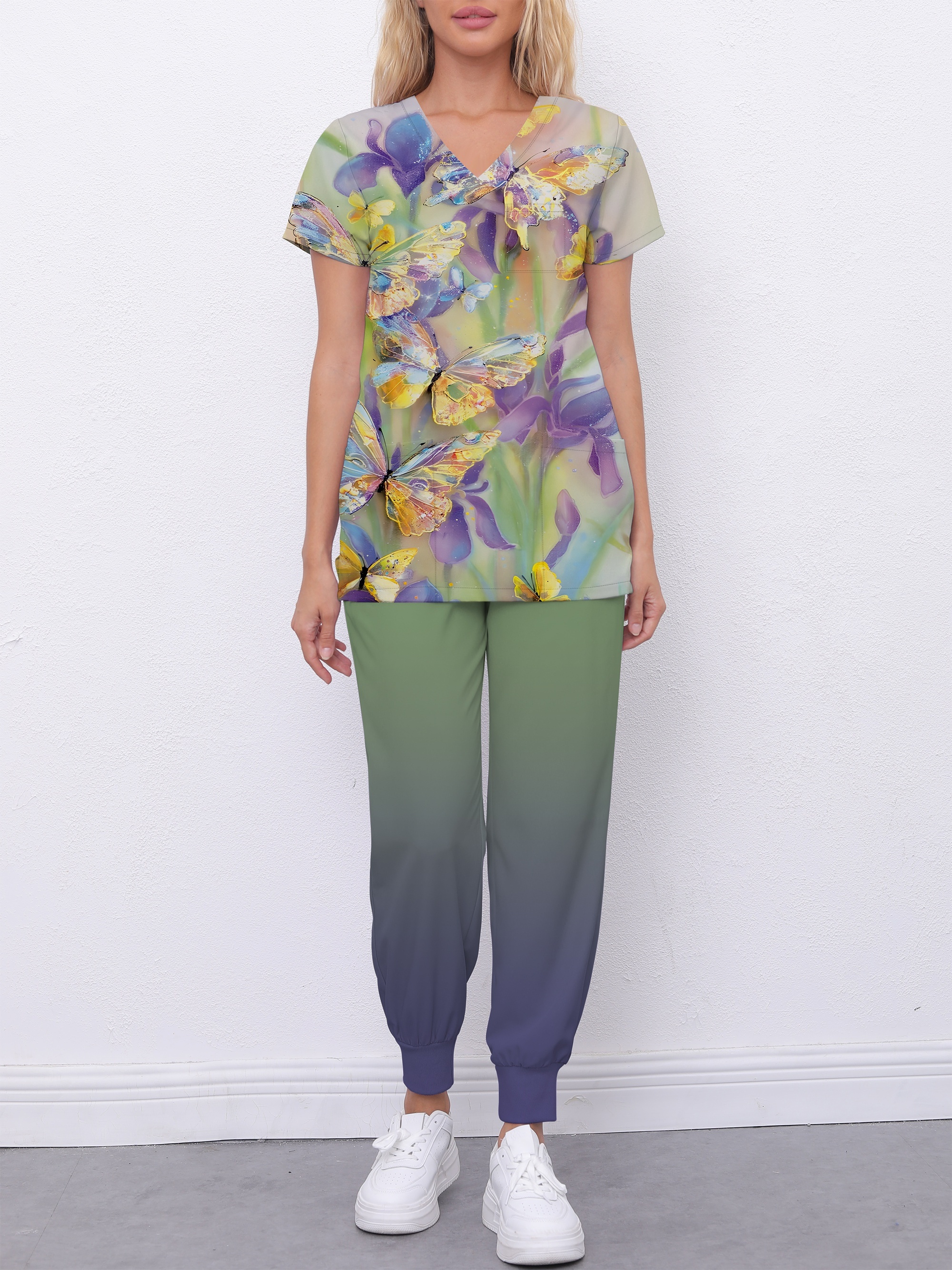 Doktor, Hemşire, Doktor, Diş Hekimi için Nefes Alabilir ve Rahat Sağlık Bakımı Üniforma, Kelebek Baskılı 2 Parça Modern Tıbbi Üniforma Takımı, V-Yaka 2 Cepli Üst + Esnek Bel Alt, Kadın İş Giysileri