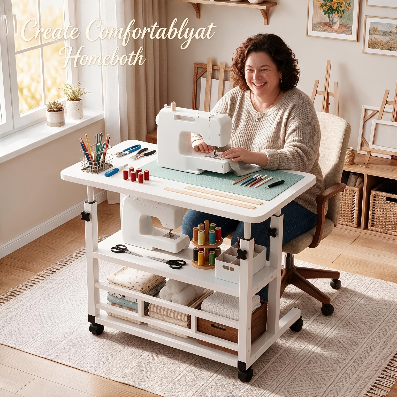 item picture Height-Adjustable Sewing And Crafting Workstation with Built-In Storage And Lockable Casters. This Versatile, Mobile Unit Includes Side Storage And a Fold-Out Extension, Making It Ideal for Sewing, Crafting, Projects, And Fabric Cutting
