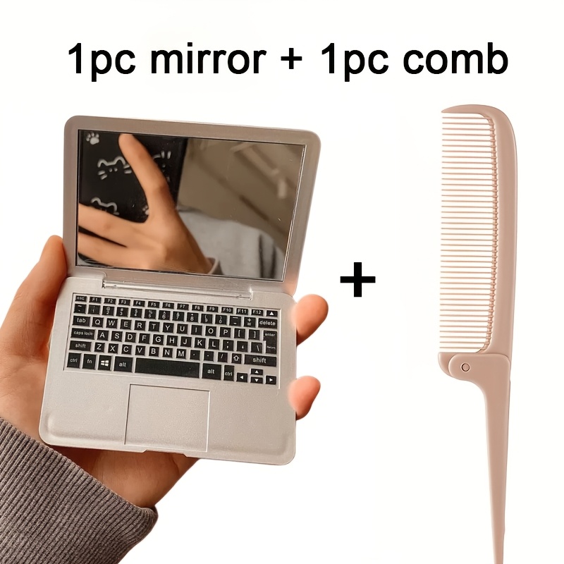 TEMU 2pcs Set (1 Mirror And 1 Comb) Creative Mini Laptop-shaped Makeup Mirror, Equipped With Small Lenses For Touch-up, Foldable Comb, Portable And