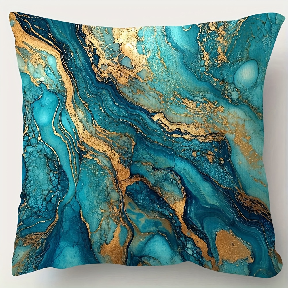TEMU 1 taie d'oreiller à motif turquoise bleu et doré, impression simple face, fermeture éclair, lavable en machine, convient pour canapé de salon,