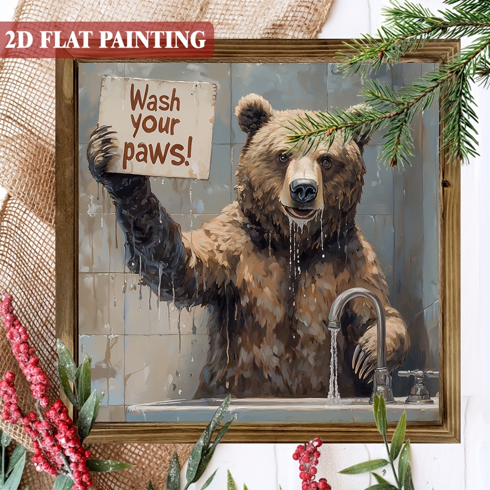 TEMU 2d Flat, 1pc, Humorous Brown Bear & Bath Themed 'wash Your Paws' Wooden Sign, With Frame Desk Decorative Sign For Bathroom, Home Decor, Perfect