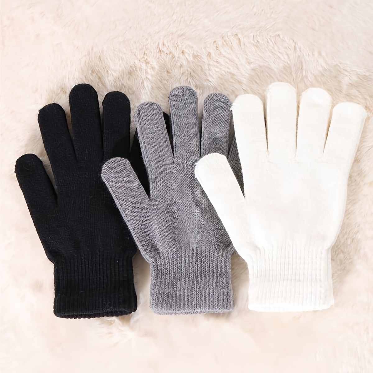 

3pcs Knit Gloves In Black, White & Gray - Warm, Stretchy & Non-slip For Outdoor Activities