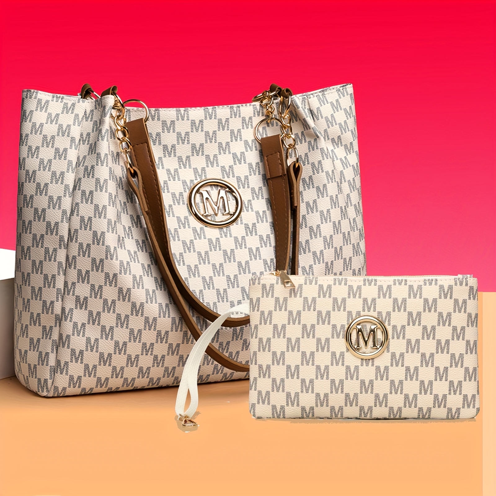 Stylish And Elegant Women's Large Capacity Tote Bag Features An 'm' Logo, With Fixed Shoulder Straps, And Is Perfect For Daily Commuting, Shopping, And Travel, Making It An Gift Option