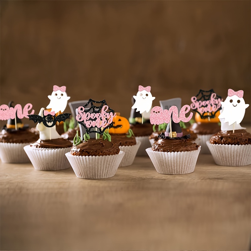 

24-pack Birthday Party Cupcake Toppers Set | Theme Girl's First Birthday Decorations | Pink Bat, Spooky, Boo Designs | Paper Craft | Non-electrical, Featherless