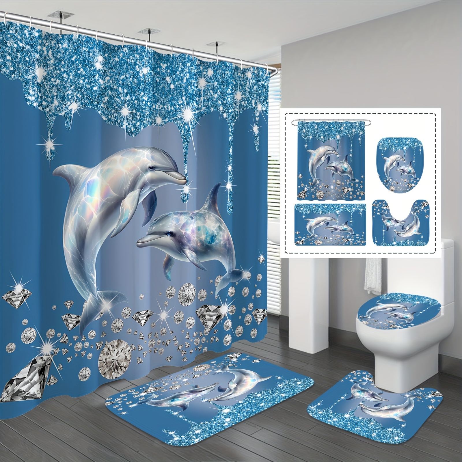 

1/4pcs Blue Glitter Shower Curtain Set, Elegant Bathroom Sets With Shower Curtain And Rugs, Waterproof Polyester Fabric Shower Curtains Bathroom Decor With 12 Hooks, Bathroom Accessories