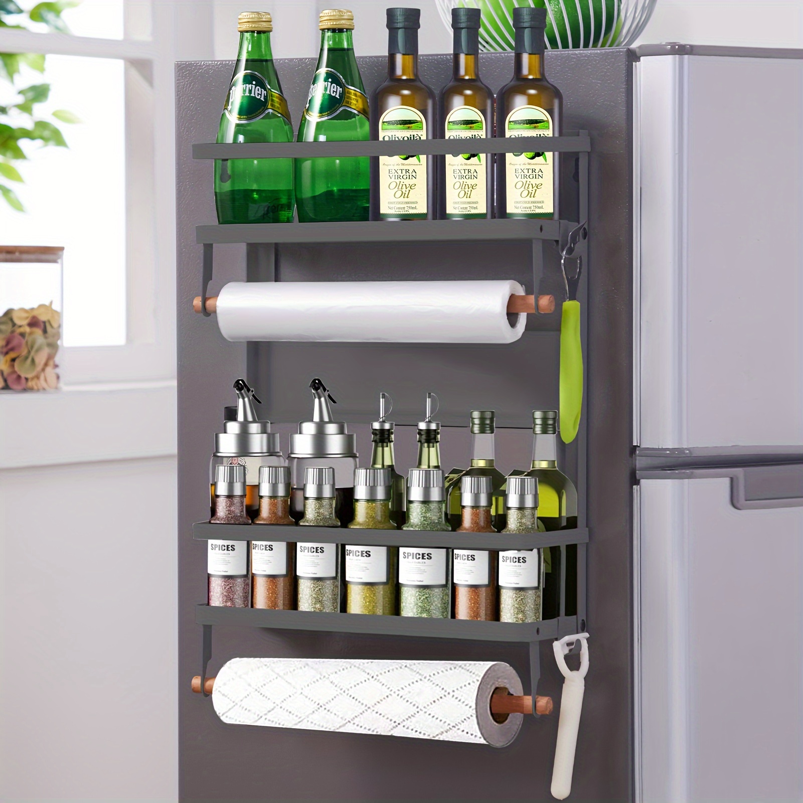 

Magnetic Fridge Organizer Spice Rack With Paper Towel Holder And 5 Extra Hooks | 4 Tier Magnet Refrigerator Shelf In Kitchen Holds Up To 45 Lbs | 16x12x4 Inch Grey