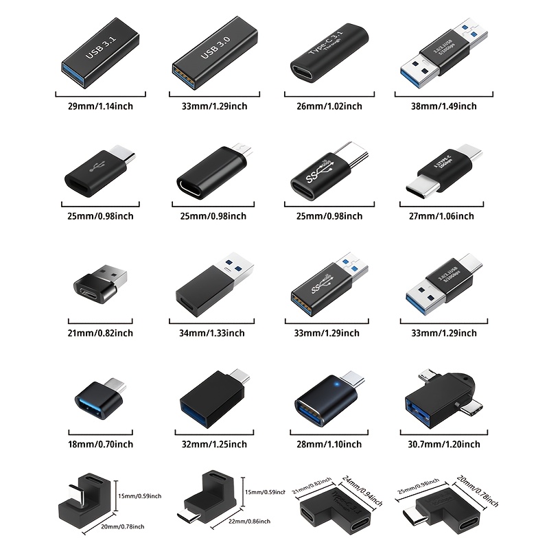 TEMU NOUVEAU Lot de 20 adaptateurs USB, USB-C vers USB 3.0, USB vers Micro USB, connecteurs - et -, kit de conversion OTG pour synchronisation de