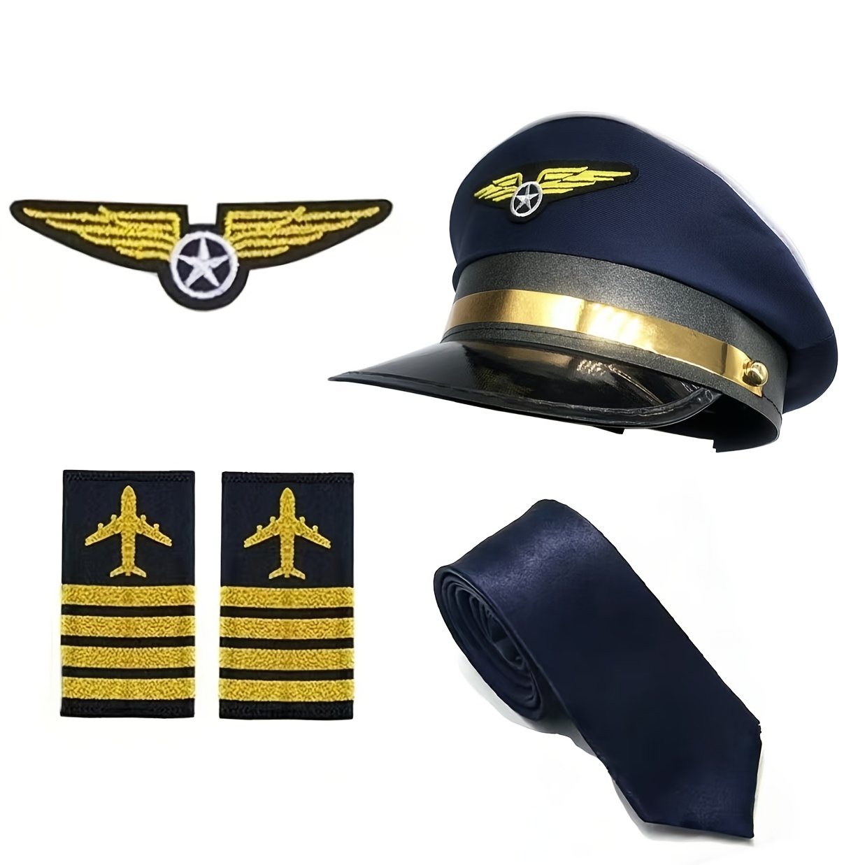 TEMU Ensemble de Casquette d'Aviation, Accessoires d'Uniforme de Capitaine, Casquette de Capitaine, Épaulettes, Badges, Cravates, Ensemble de Jeu de