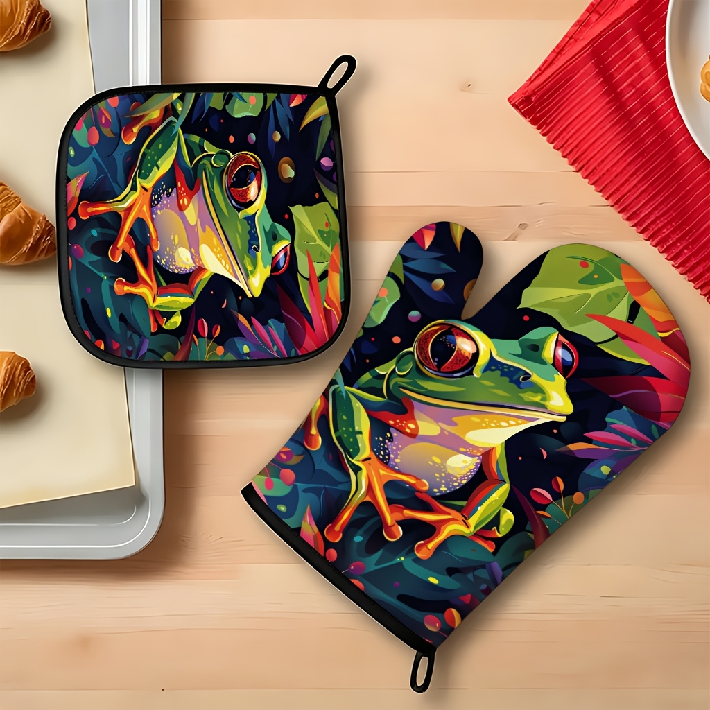 TEMU 2pcs Set Of Colorful Frog Art Pattern Oven Mitts And , 27x17cm Premium Goods, Suitable For Kitchen, Baking, Home Use, Design, Delicate Texture,