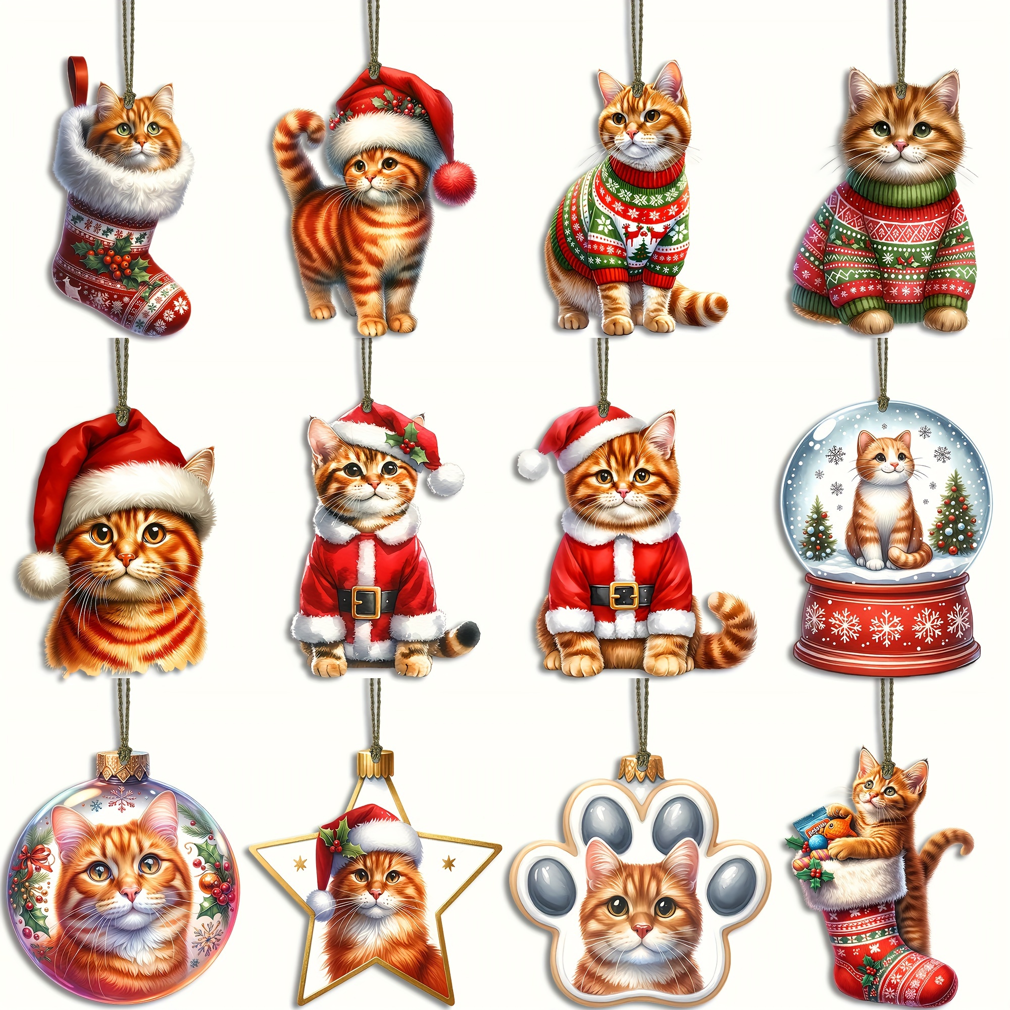 

12pcs Ornements de Noël en Bois Artisanaux avec Chats - Décorations Suspendues Durables, de Cadeau Parfaite pour les Fêtes