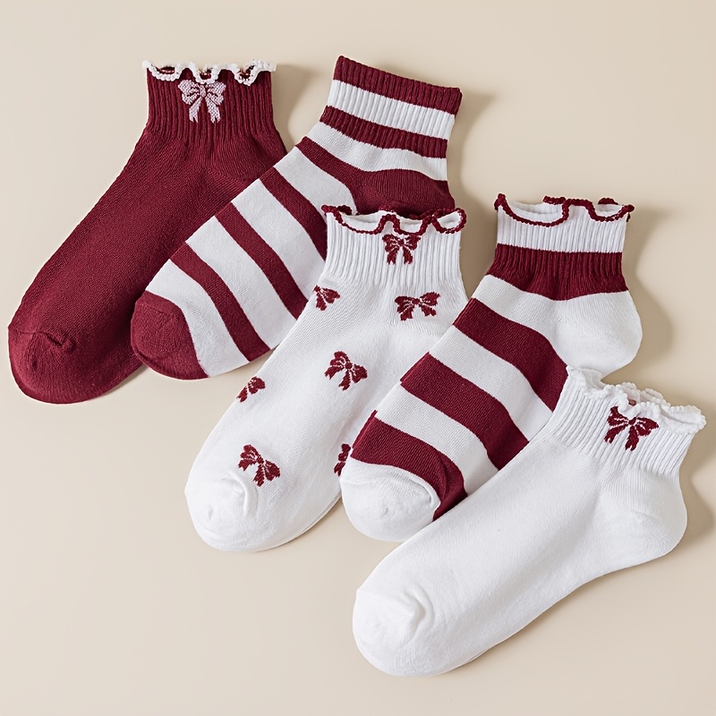 TEMU 5 Pairs Of Women's Valentine's Day Fashion Comfortable Breathable Soft Angora Red Fungus Edge Bow Striped Pattern Short Socks Suitable For Daily