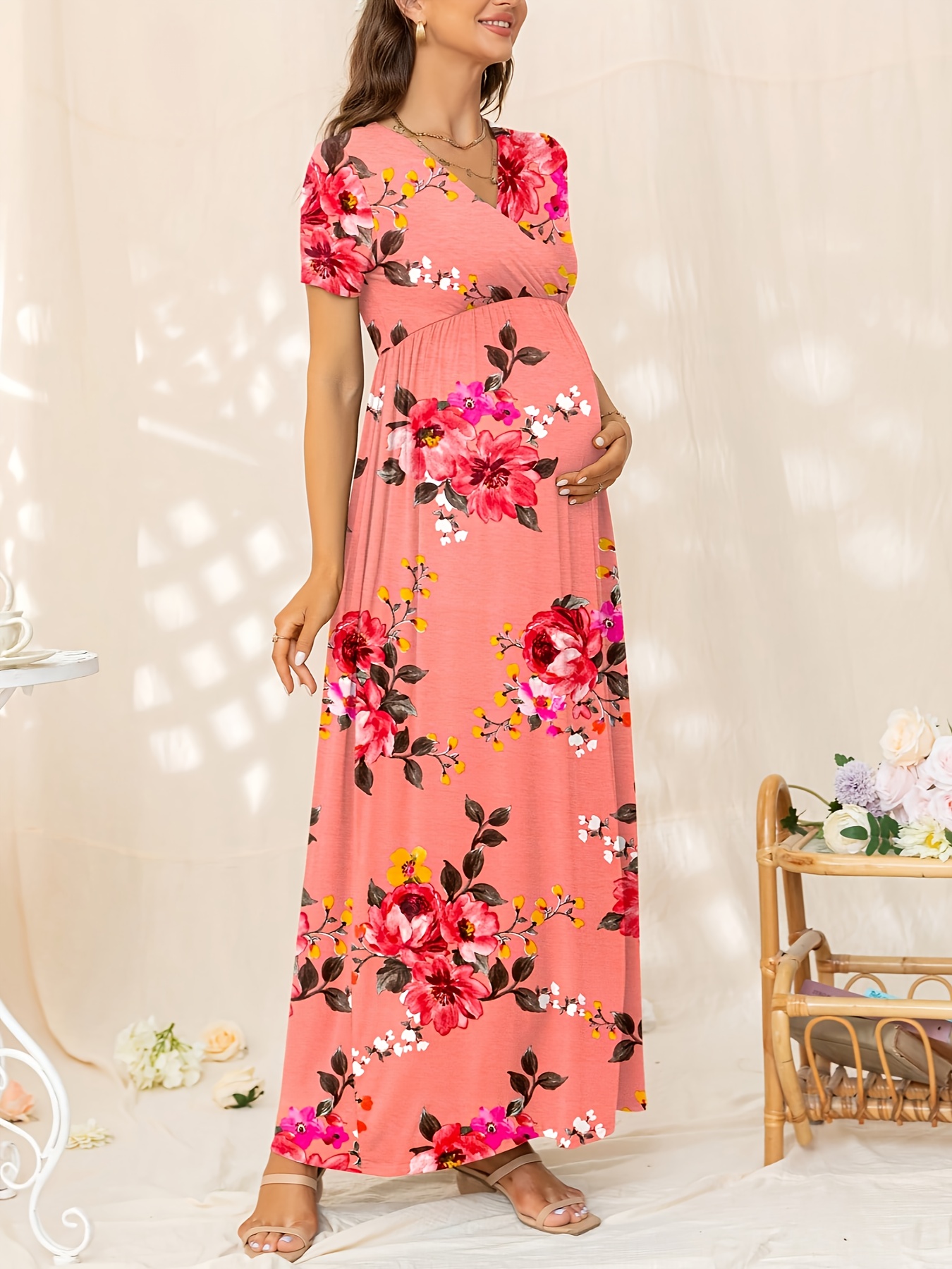 elegant floral maternity dress v neck short sleeve stretchy Temu