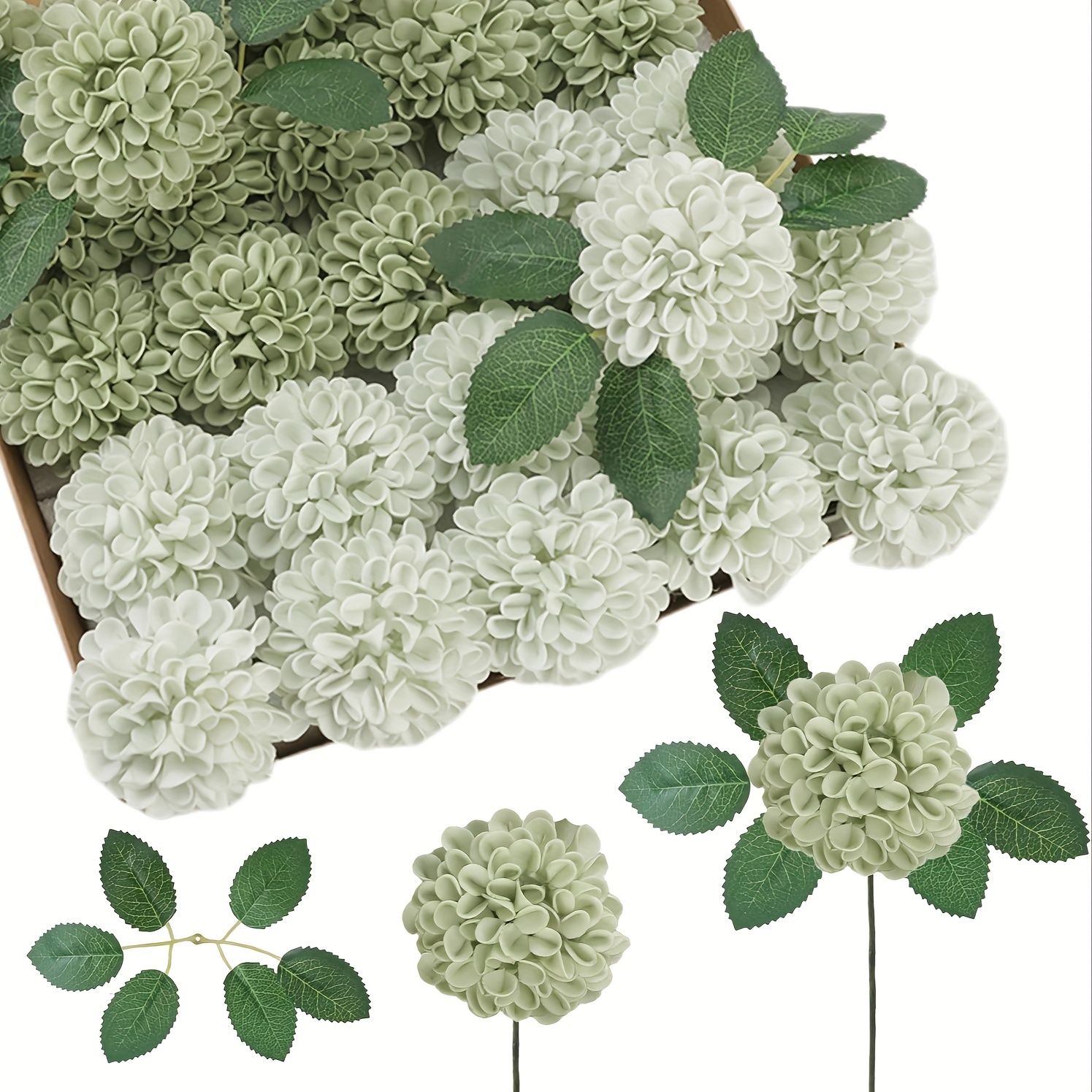 Gray Grass Green Oriental Chrysanthemum Artificial Flower Set, 29pcs Set, Includes 25 Oriental Chrysanthemums With An 8.5cm Diameter And 4 Rose Leaves