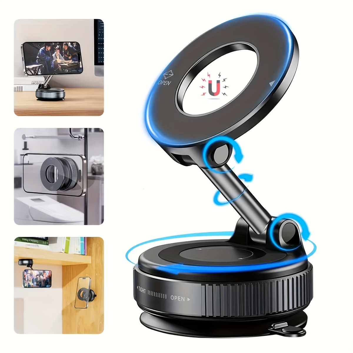 adjustable foldable magnetic phone holder n52 strong magnet 360 rotatable vacuum suction cup mount for dashboard bathroom tiles glass   abs material round shape dashboard mounting   durable holder phone mount for car