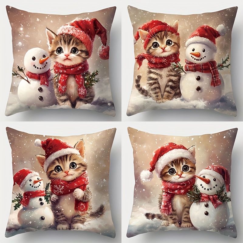 TEMU 4pcs Christmas Pillow Cover 17.2 Inches X 17.2 Inches, Cute Cat And Snowman Pattern, Zipper Closure, Polyester Fiber Material, Living Room Sofa