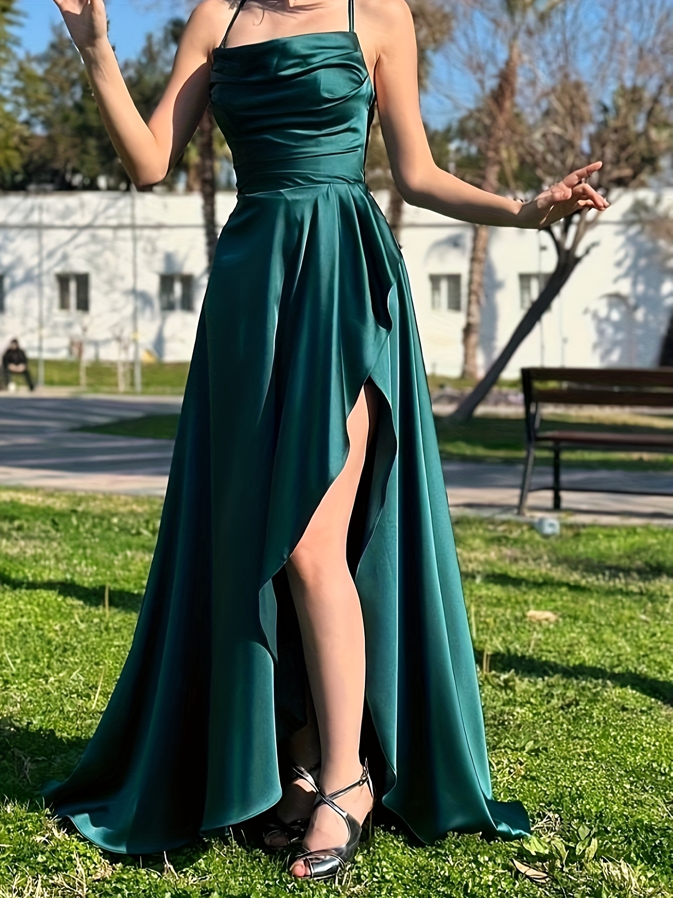 slim fit dress slacks Berylove Women Dark Green Bridesmaid Dress with Slit Spaghetti Straps Ruche Long Wedding Guest Dress, Dusty Blue / US14
