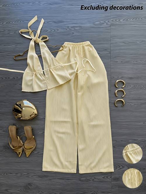 imagen del artículo conjunto de 2 piezas para mujer: top casual elegante de rayas con cuello de tirantes halter, espalda y cintura con cordón, y pantalones largos casuales, para vacaciones en , fiestas, viajes y té de
