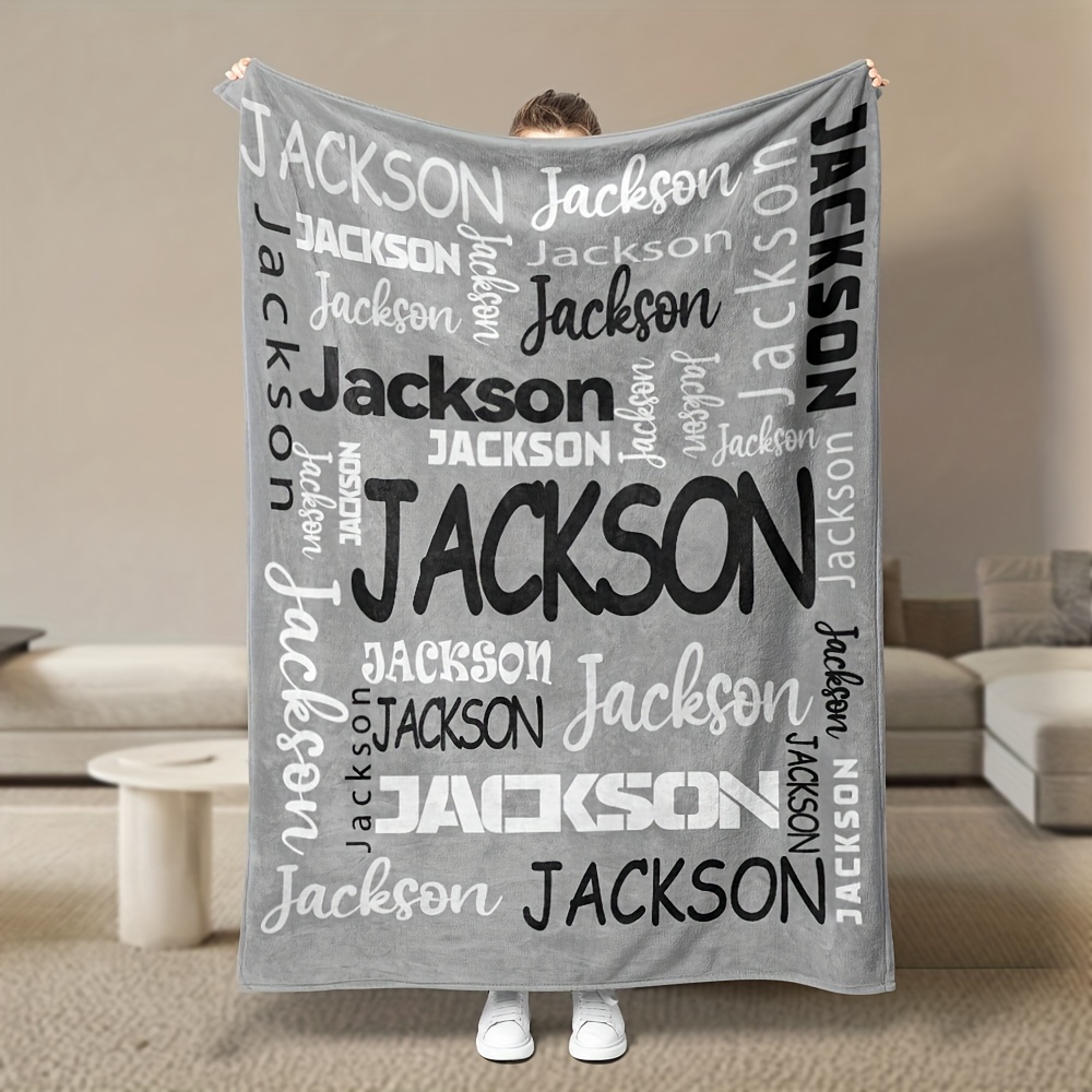 

1 Piece Custom Name Lettering Flannel Gray Fleece Blanket With Personalized Name For Girls, Boys, Adults, Valentine's Day Gifts, Lightweight, Soft, Cozy For Bed, Sofa, Camping, Travel - For All !