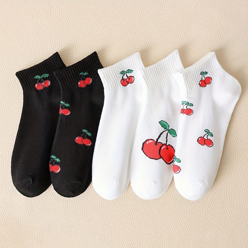 

5 Pairs Cherry Print Socks, Cute & Sweet Breathable Ankle Socks, Women's Stockings & Hosiery