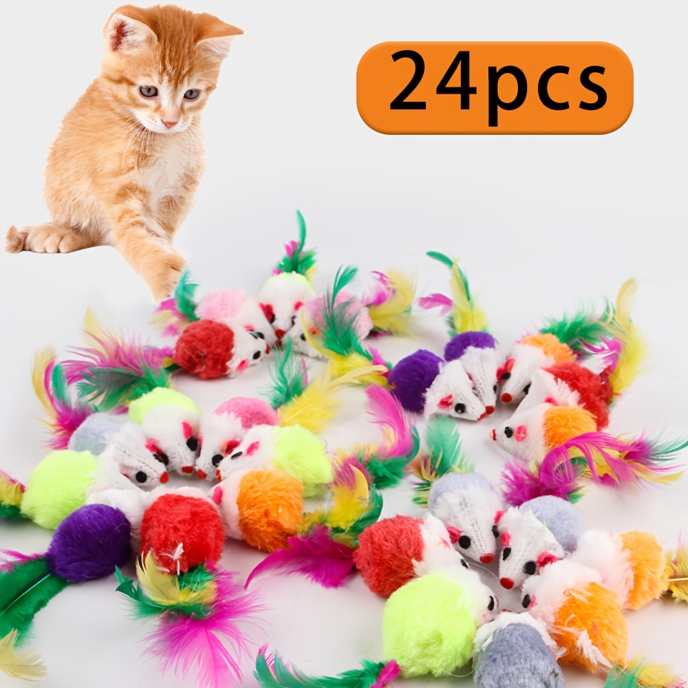 

24pcs Interactive Cat Toys, Plush Mouse-shaped With Artificial Feathers, Assorted Colors, Teeth Cleaning, Suitable For All Breed Sizes, Non-electric, Battery-free