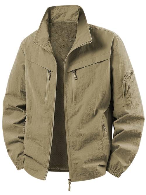 mens lightweight multi pocket cargo jacket for spring stand up collar windbreaker casual outerwear with mesh lining multiple convenient and practical zippered pockets arm elastic cuffs suitable for daily work commutes and outdoor