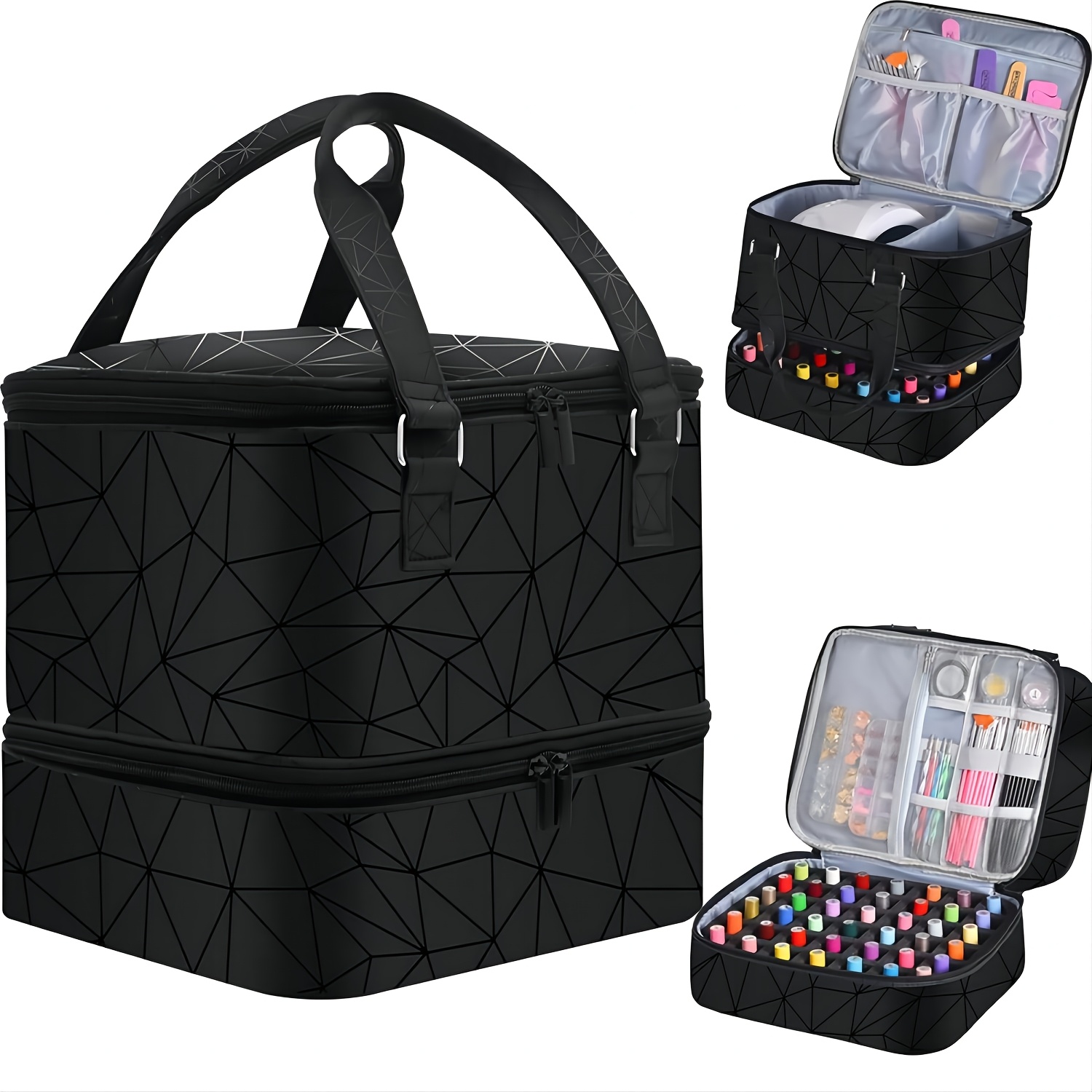 Image of Black Pu Nail Polish Storage Bag, Capacity For 42pcs Nail Polishes And Nail Kits, Double-layer Nail Art Set Organizer, Cosmetic Travel Storage Box