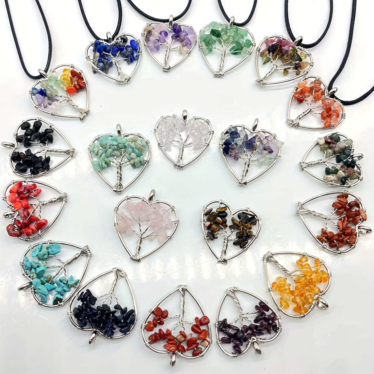 

12 Pcs + 12 Strands Of Randomly Assorted Heart-shaped Natural Stone Life Tree Pendants On Leather Cords - Men's Jewelry