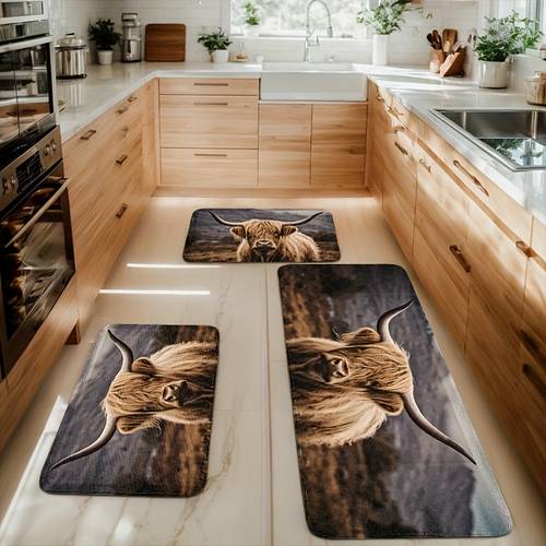 2 3pcs mat and mat set beautiful highland cow soft velvet material thickness 10mm density 18d 500gsm washable non slip suitable for bedroom living room laundry room kitchen bathroom entrance decorative
