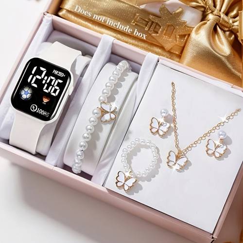 6pcs set girls watch jewelry set fashion cute led electronic watch with pearl bracelet necklace ring earring jewelry set suitable for birthday holiday gift holiday graduation season decoration daily mothers day
